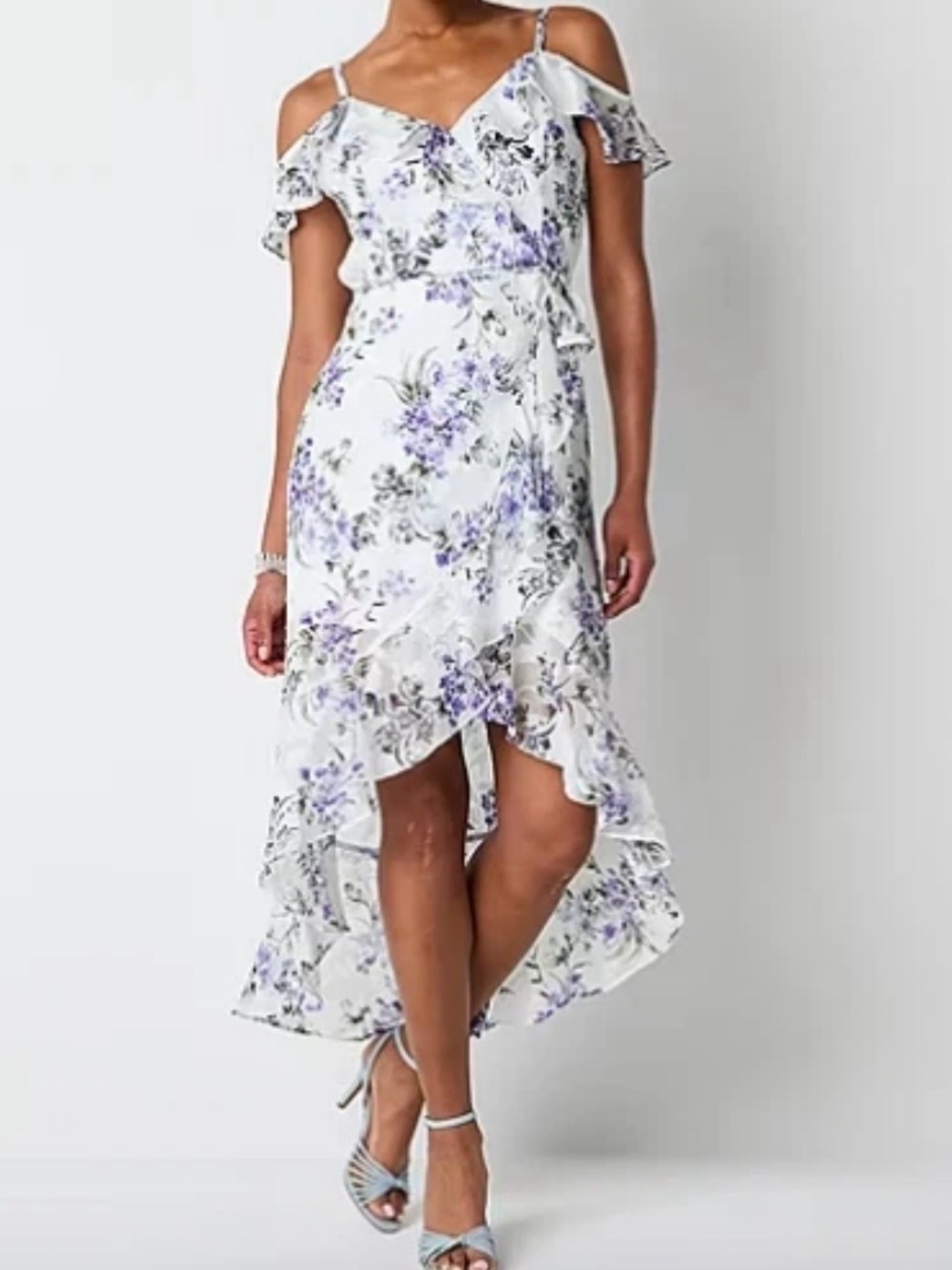by & by White High-Low Floral Wrap Dress with Lavender Blooms